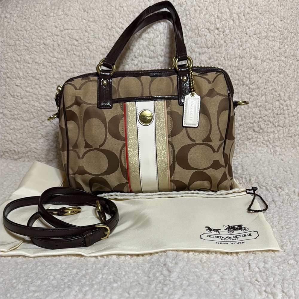 Coach Brown and Cream Satchel with Signature Design